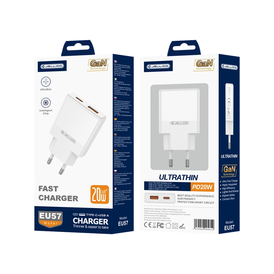 Jellico wall charger EU57 PD 20W 1xUSB-C + 1xUSB QC3.0 White(Chargers)