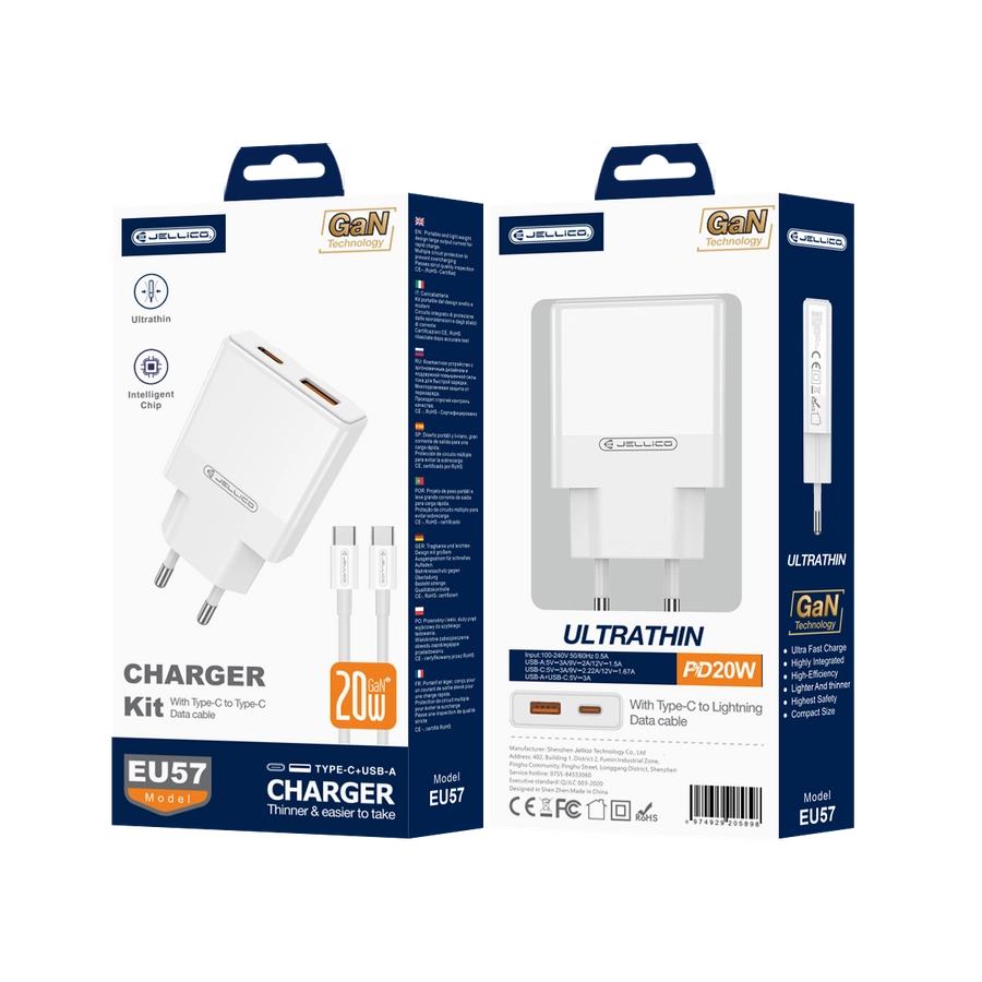 Jellico wall charger EU57 PD 20W 1xUSB-C + 1xUSB QC3.0 + cable USB-C - USB-C White(Chargers)