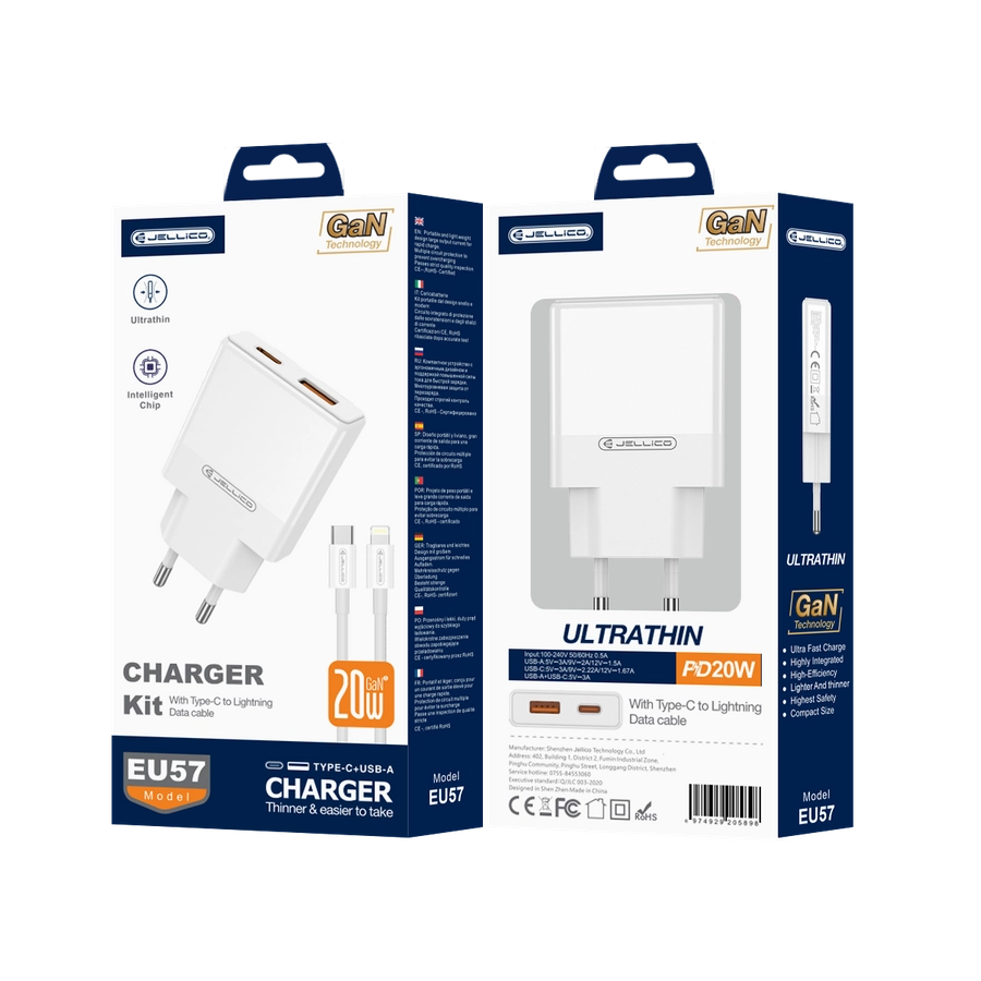 Jellico wall charger EU57 PD 20W 1xUSB-C + 1xUSB QC3.0 + cable USB-C - Lightning White(Chargers)