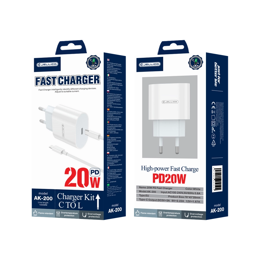 Jellico wall charger AK200 PD 20W 1xUSB-C + cable USB-C - Lightning White(Chargers)