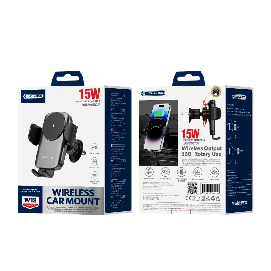 Jellico car holder with wireless charging W18 15W Black(Phone holders)