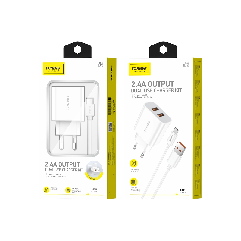 FONENG wall charger EU45 2.4A 12W 2xUSB + cable Micro White(Chargers)