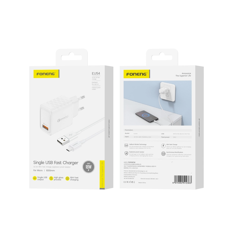 FONENG wall charger EU54 18W 1xUSB QC3.0 + cable Micro USB White(Chargers)