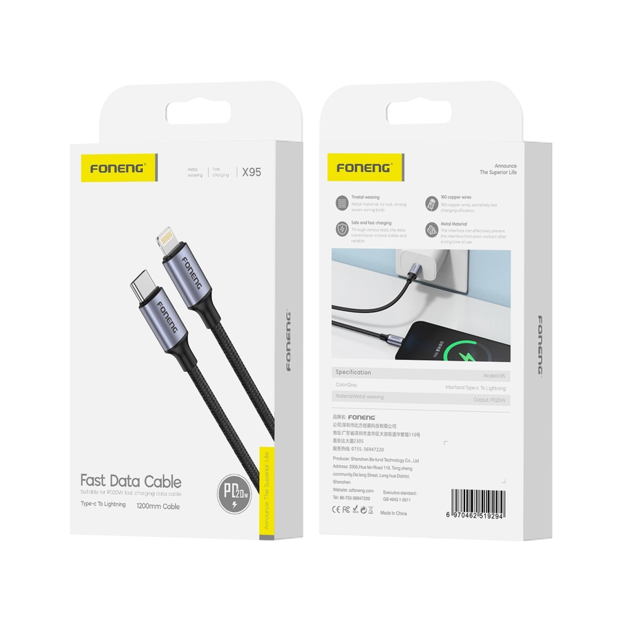 FONENG cable X95 USB-C - Lightning PD 20W 1.2M Black(Cables)