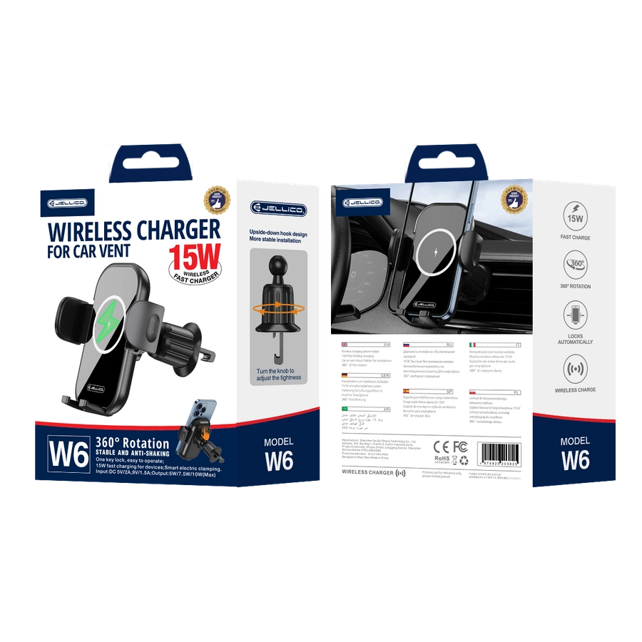 Jellico car holder with wireless charging W6 15W Black(Phone holders)