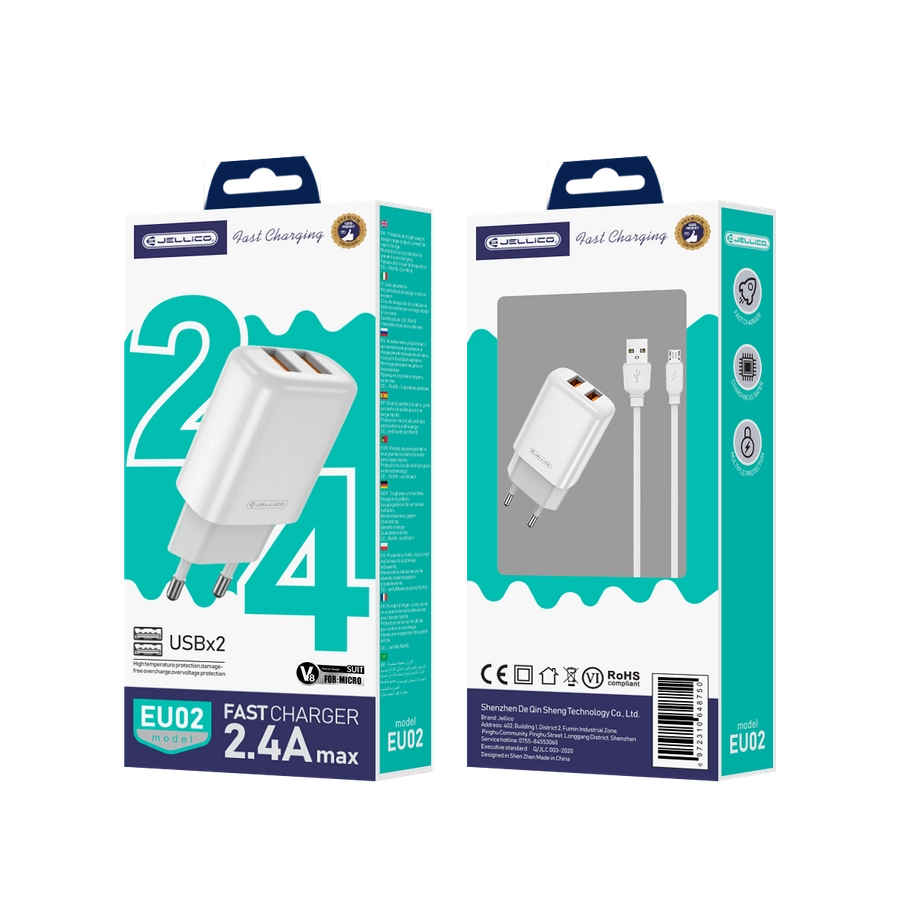 Jellico wall charger EU02 2.4A 12W 2xUSB + cable Micro White(Chargers)