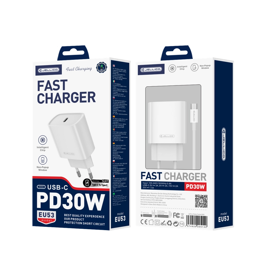 Jellico wall charger EU53 PD 30W 1xUSB-C + cable USB-C - USB-C White(Chargers)