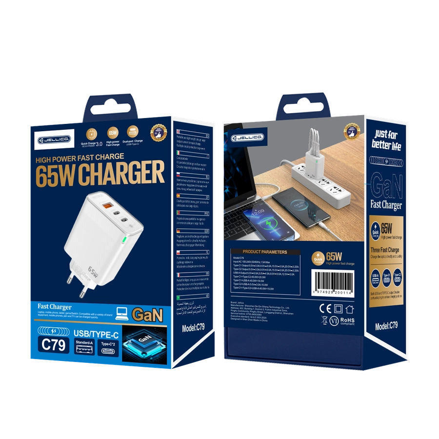 Jellico wall charger C79 GaN PD 65W 2xUSB-C + 1xUSB QC3.0 White(Chargers)