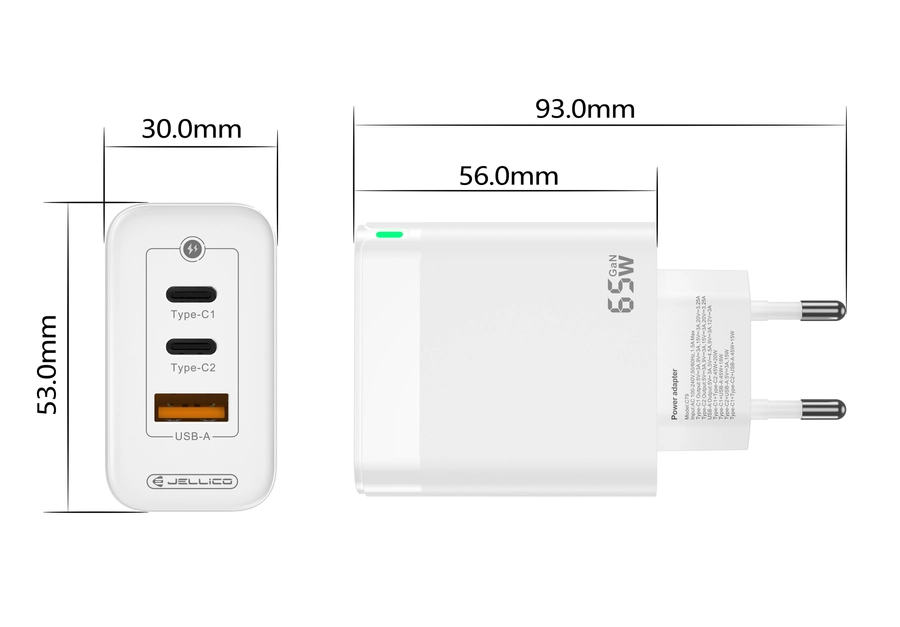 Jellico wall charger C79 GaN PD 65W 2xUSB-C + 1xUSB QC3.0 White снимка 3