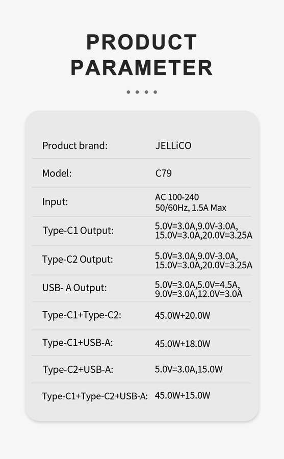 Jellico wall charger C79 GaN PD 65W 2xUSB-C + 1xUSB QC3.0 White снимка 5