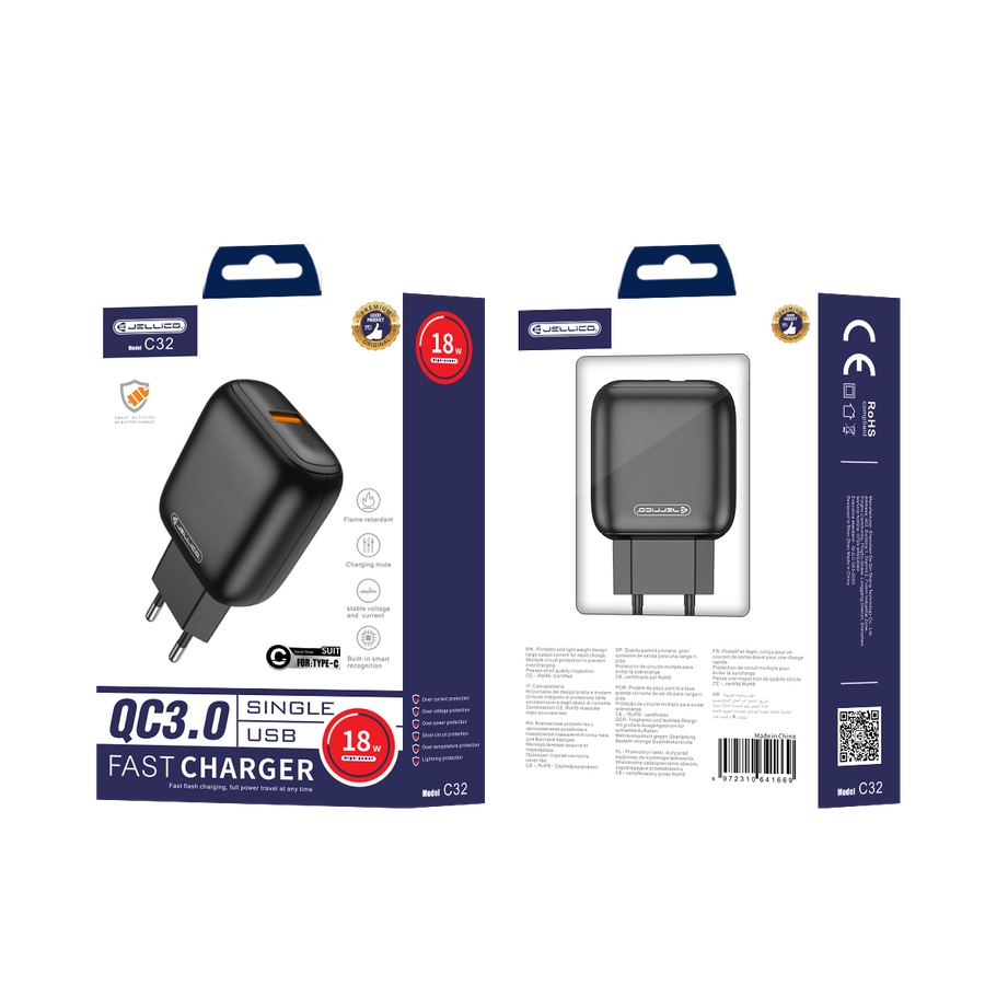 Jellico wall charger C32 18W 1xUSB QC3.0 + cable USB-C Black(Chargers)