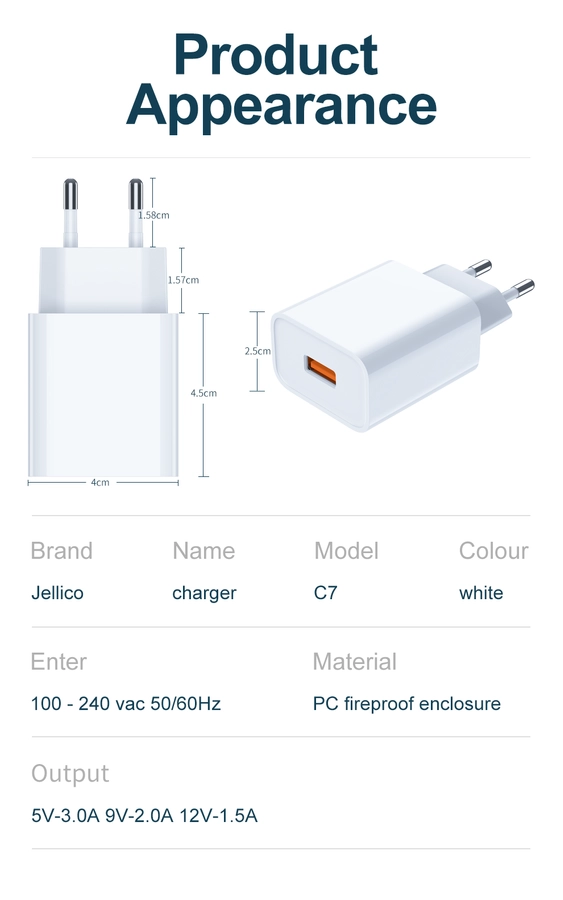 Jellico wall charger C7 22.5W 1xUSB QC3.0 White снимка 2