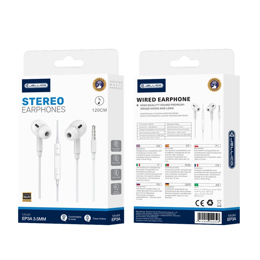 Jellico wired earphones EP3A JACK 3.5MM with microphone 1.2M White(Headphones)