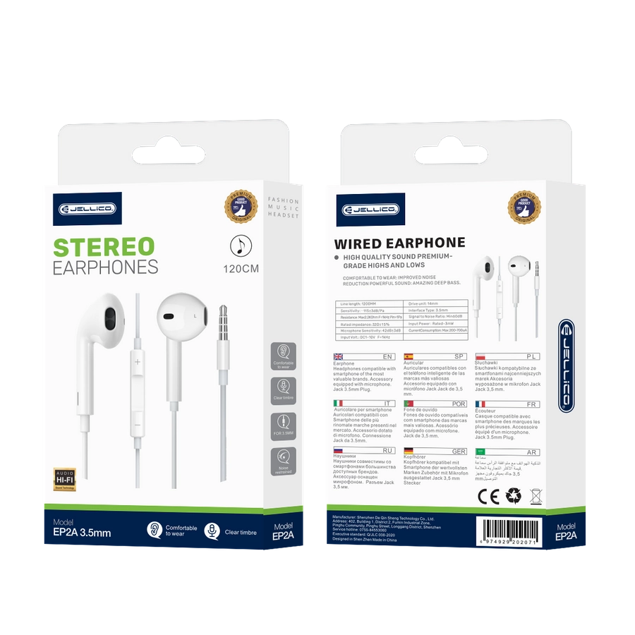 Jellico wired earphones EP2A JACK 3.5MM with microphone 1.2M White(Headphones)