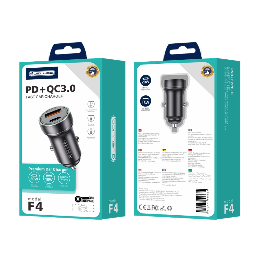 Jellico car charger F4 PD 20W 1xUSB-C + 1xUSB QC3.0 + cable Lightning Black(Chargers)