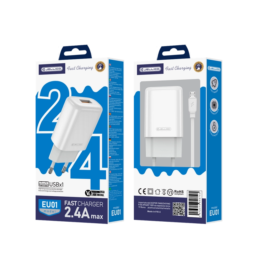 Jellico wall charger EU01 2.4A 12W 1xUSB + cable Micro White(Chargers)