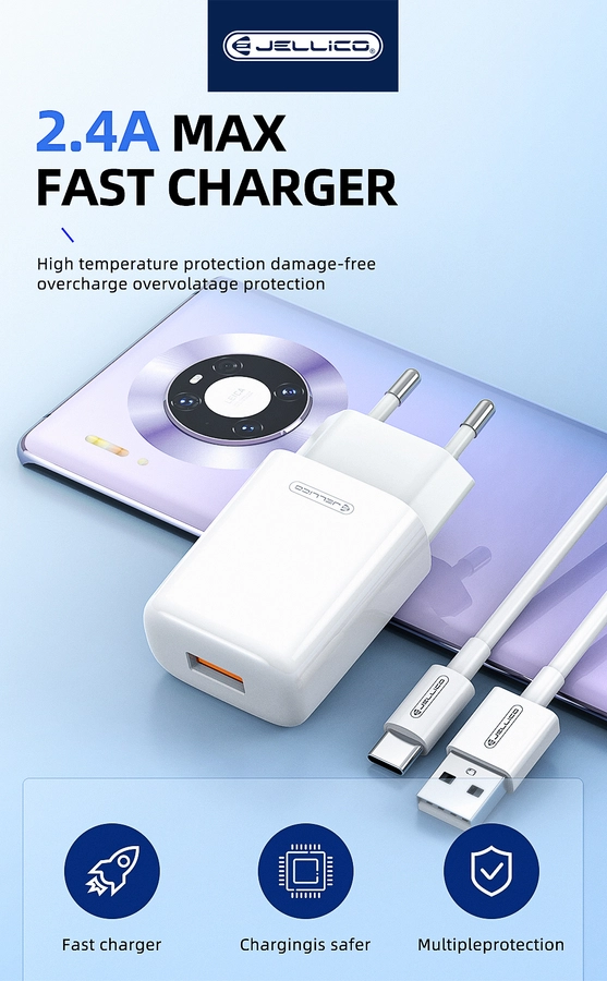 Jellico wall charger EU01 2.4A 12W 1xUSB + cable Micro White снимка 3
