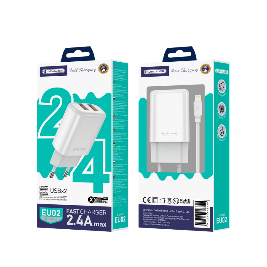 Jellico wall charger EU02 2.4A 12W 2xUSB + cable Lightning White(Chargers)