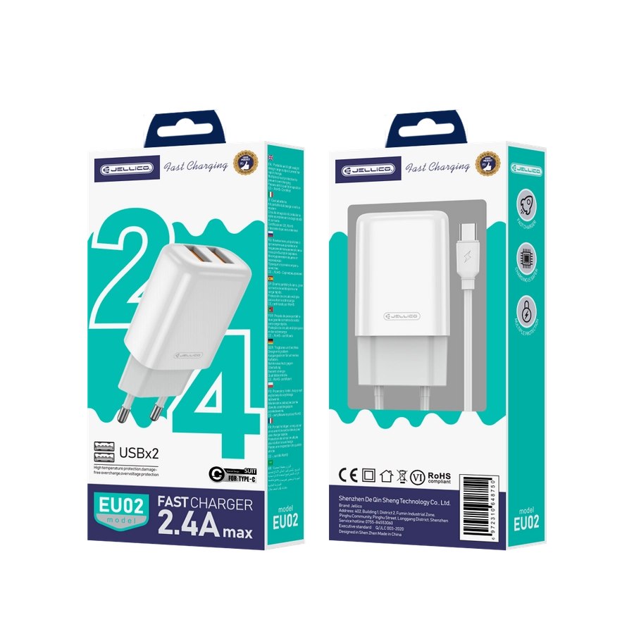 Jellico wall charger EU02 2.4A 12W 2xUSB + cable USB-C White(Chargers)