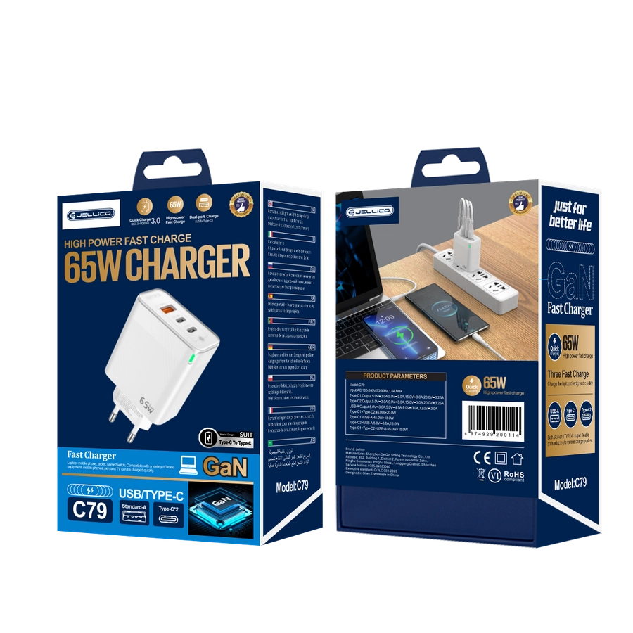 Jellico wall charger C79 GaN PD 65W 2xUSB-C + 1xUSB QC3.0 + cable USB-C - USB-C White(Chargers)