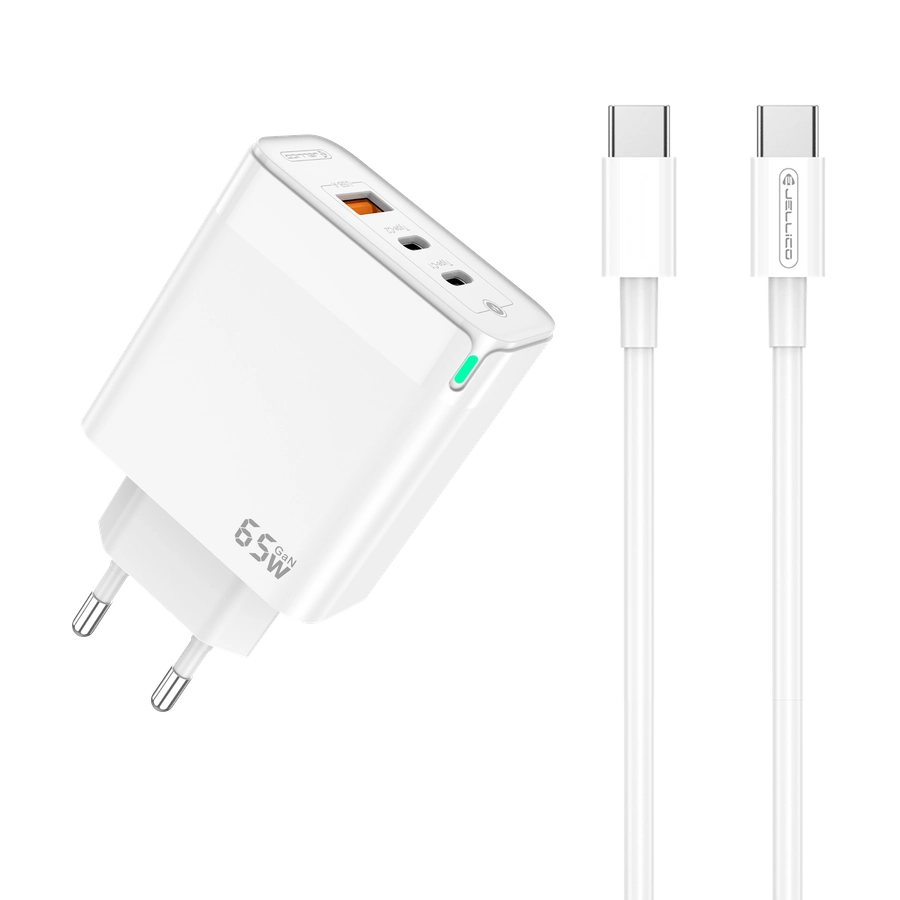 Jellico wall charger C79 GaN PD 65W 2xUSB-C + 1xUSB QC3.0 + cable USB-C - USB-C White снимка 1