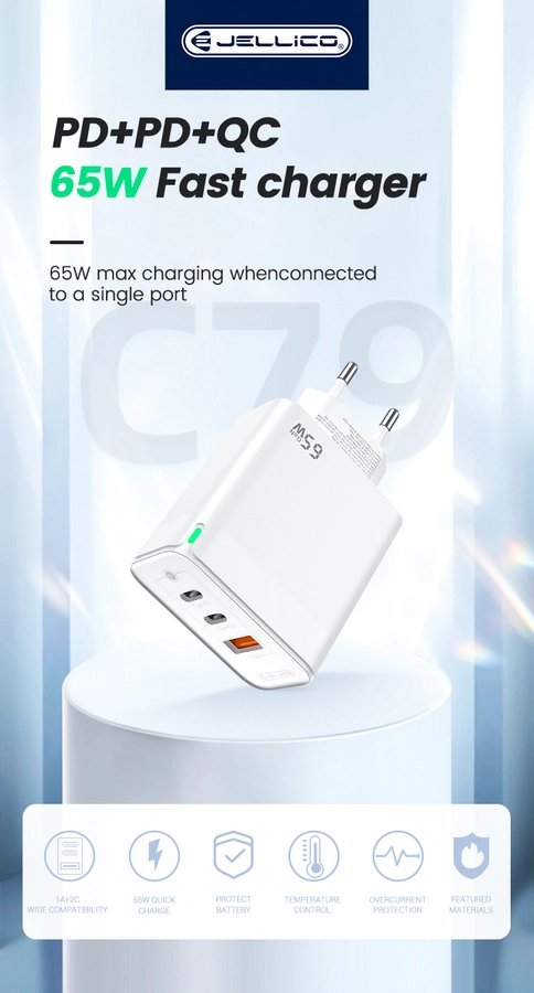 Jellico wall charger C79 GaN PD 65W 2xUSB-C + 1xUSB QC3.0 + cable USB-C - USB-C White снимка 3