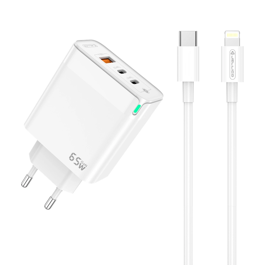Jellico wall charger C79 GaN PD 65W 2xUSB-C + 1xUSB QC3.0 + cable USB-C - Lightning White снимка 1