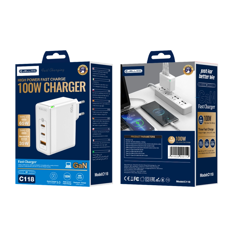 Jellico wall charger C118 GaN PD 100W 2xUSB-C + 1xUSB QC3.0 White(Chargers)