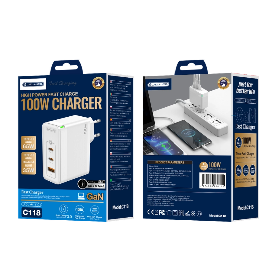 Jellico wall charger C118 GaN PD 100W 2xUSB-C + 1xUSB QC3.0 + cable USB-C - USB-C White(Chargers)