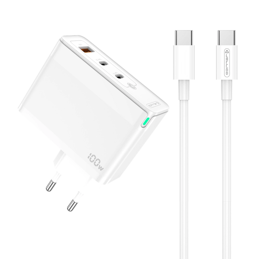 Jellico wall charger C118 GaN PD 100W 2xUSB-C + 1xUSB QC3.0 + cable USB-C - USB-C White снимка 1
