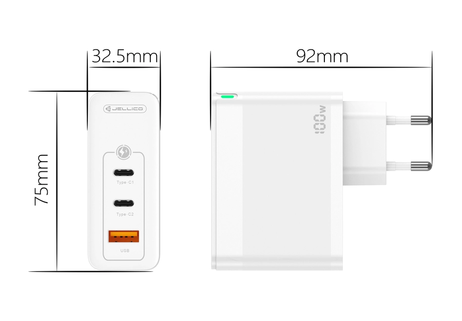 Jellico wall charger C118 GaN PD 100W 2xUSB-C + 1xUSB QC3.0 + cable USB-C - USB-C White снимка 4