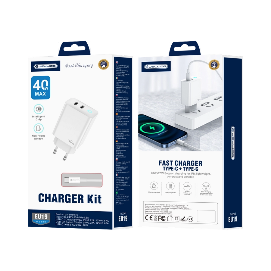 Jellico wall charger EU19 GaN PD 40W 2xUSB-C + cable USB-C - USB-C White(Chargers)
