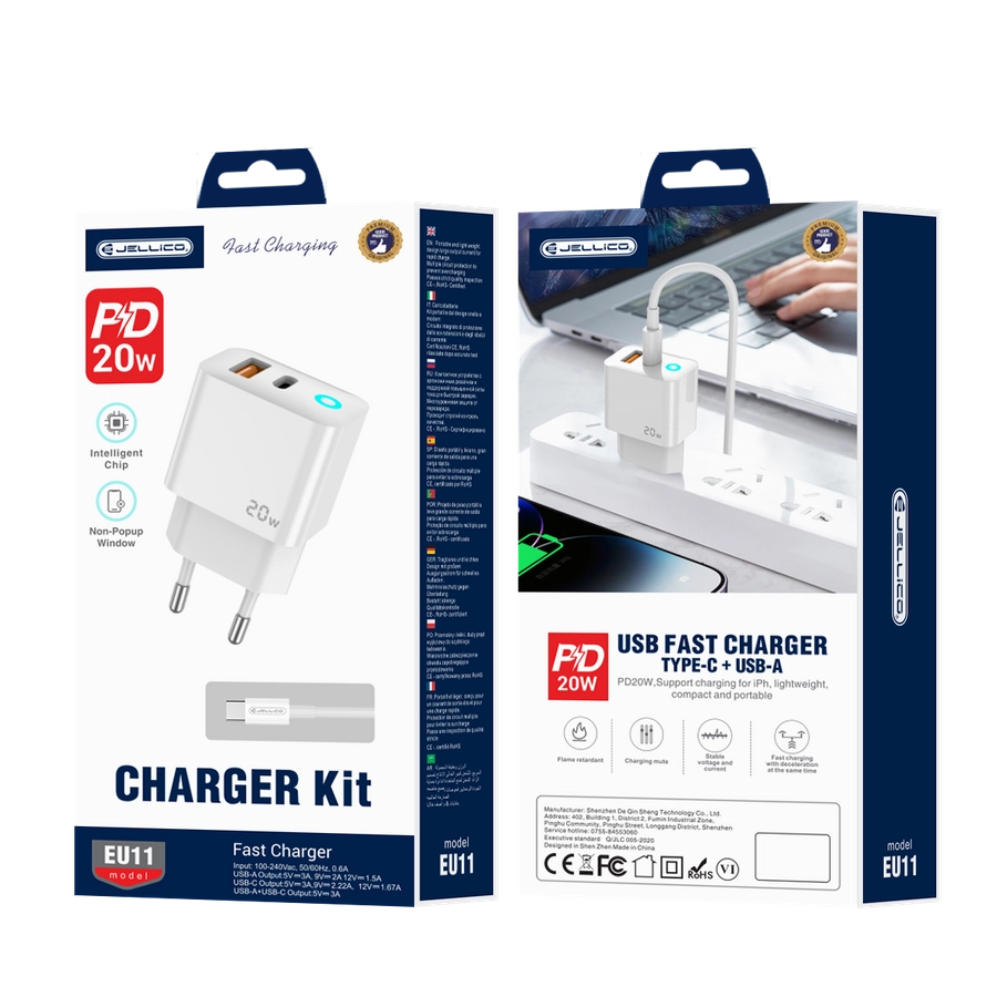 Jellico wall charger EU11 PD 20W 1xUSB-C + 1xUSB QC3.0 + cable USB-C - USB-C White(Chargers)