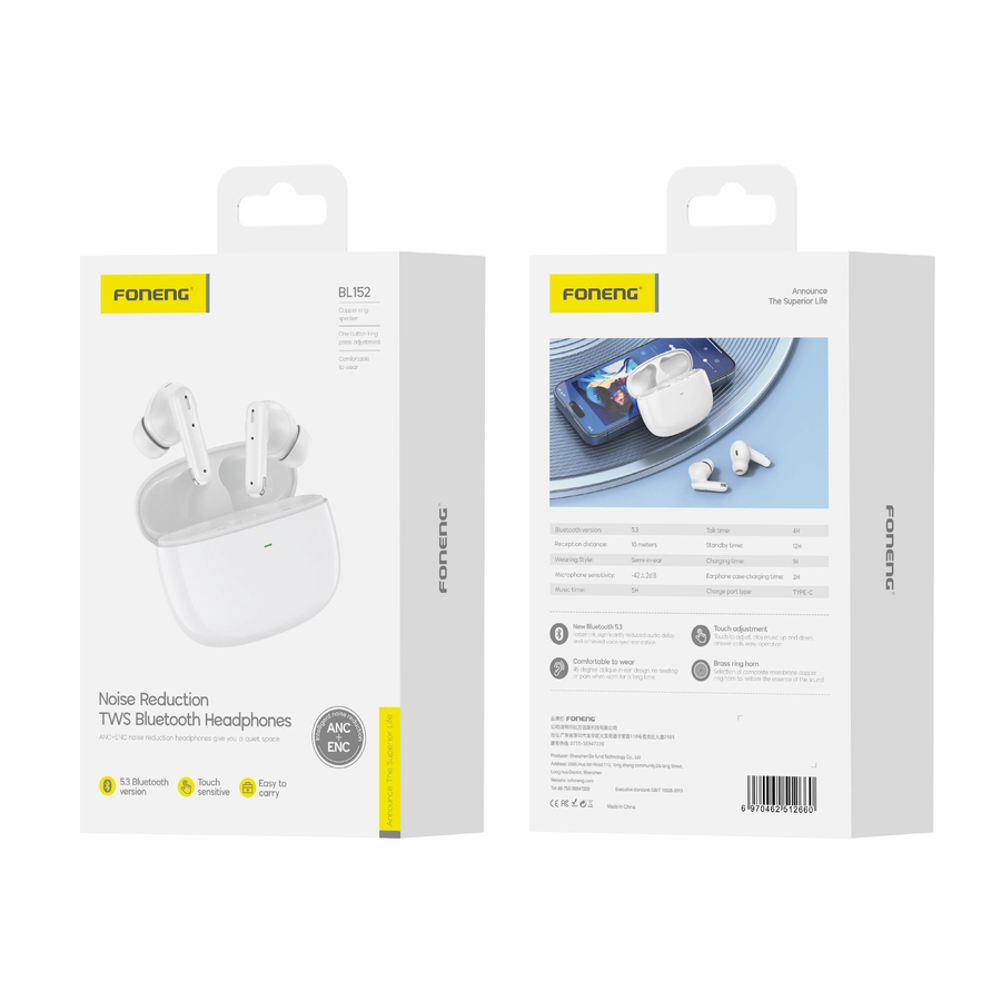 FONENG wireless earphones (ANC+ENC) BL152 White(Headphones)