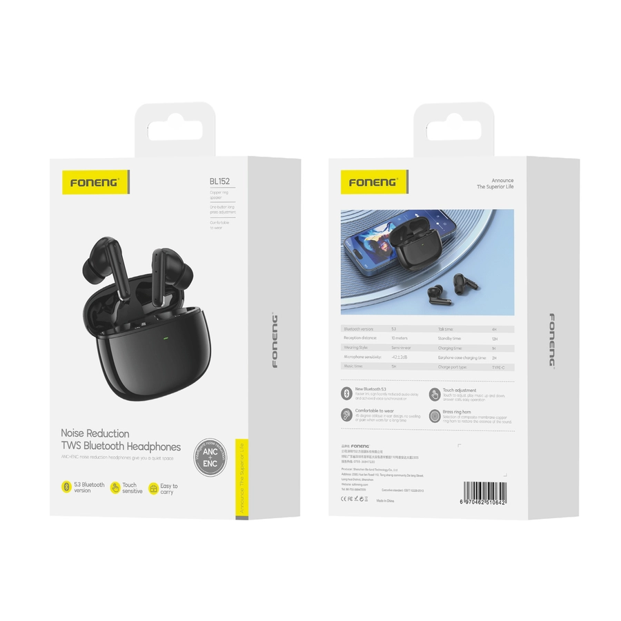 FONENG wireless earphones (ANC+ENC) BL152 Black(Headphones)