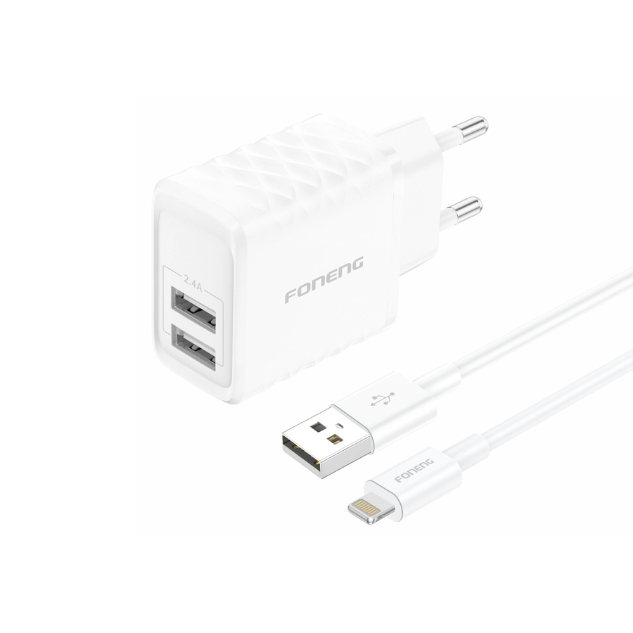 FONENG wall charger EU53 2.4A 12W 2xUSB + cable Lightning White снимка 1