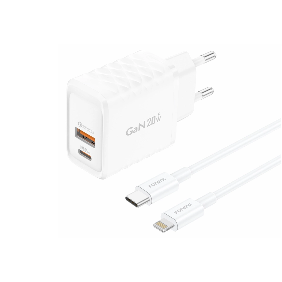 FONENG wall charger EU56 GaN PD 20W 1xUSB-C + 1xUSB QC3.0 + cable USB-C - Lightning White снимка 1