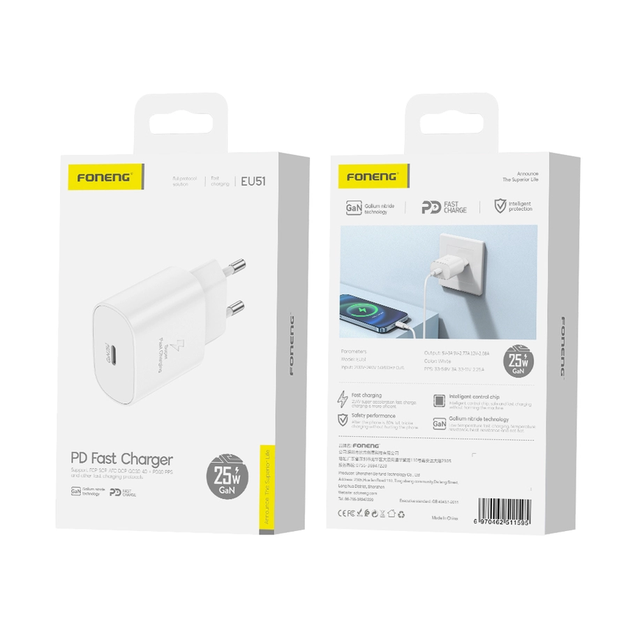 FONENG wall charger EU51 GaN PD 25W 1xUSB-C White(Chargers)