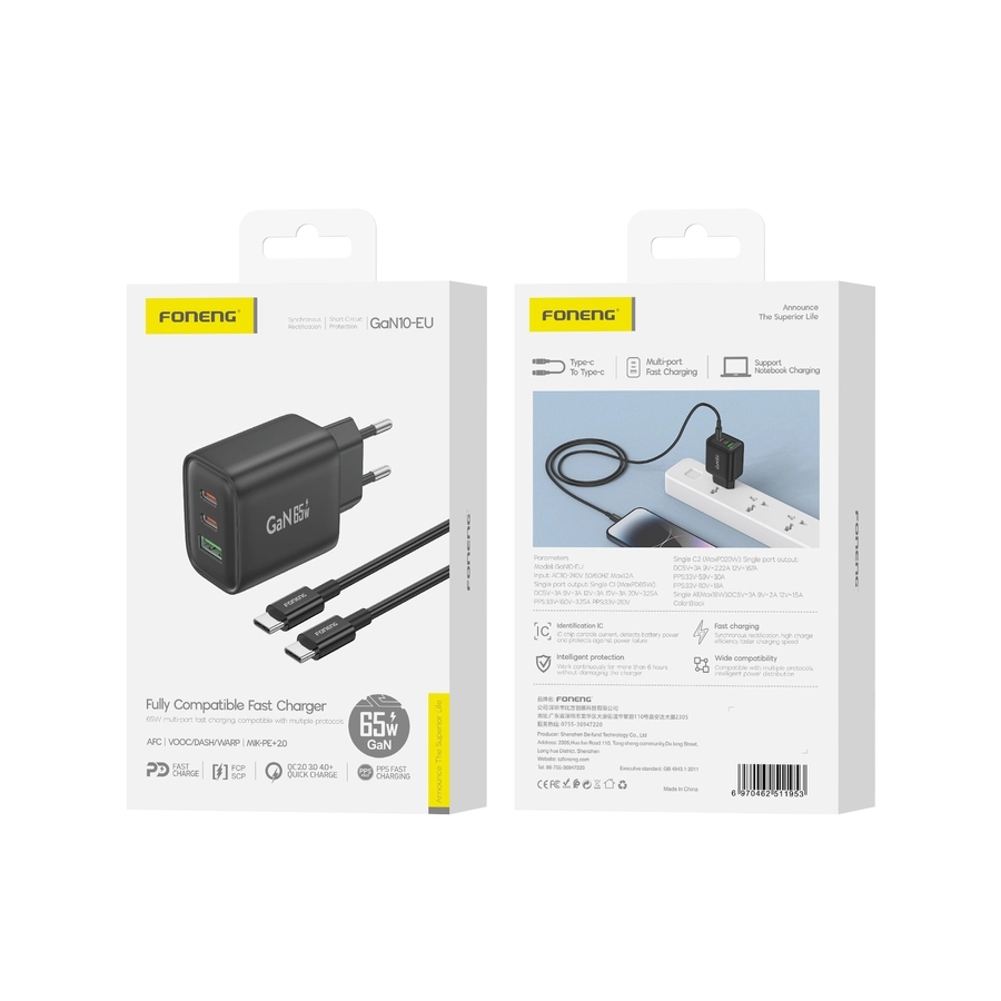 FONENG wall charger GaN10-EU GaN PD 65W 2xUSB-C + 1xUSB QC3.0 + cable USB-C - USB-C Black(Chargers)