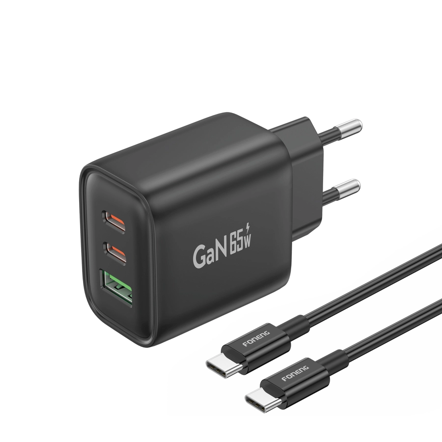 FONENG wall charger GaN10-EU GaN PD 65W 2xUSB-C + 1xUSB QC3.0 + cable USB-C - USB-C Black снимка 1