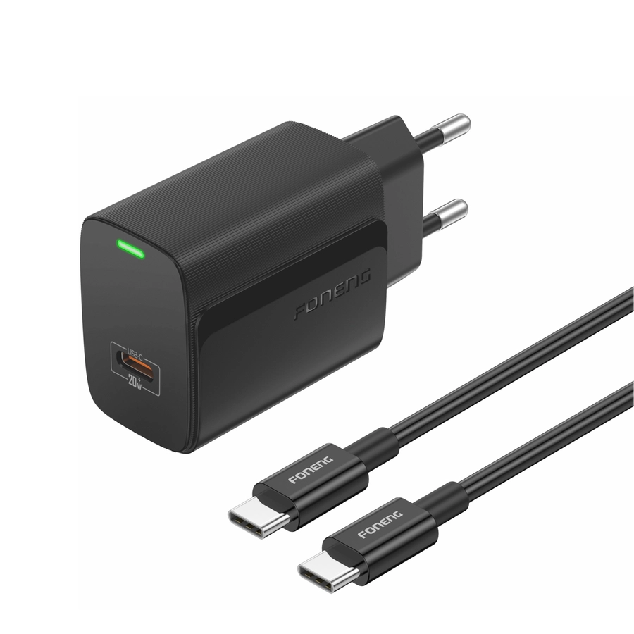 FONENG wall charger EU65 PD 20W 1xUSB-C + cable USB-C - USB-C Black снимка 1