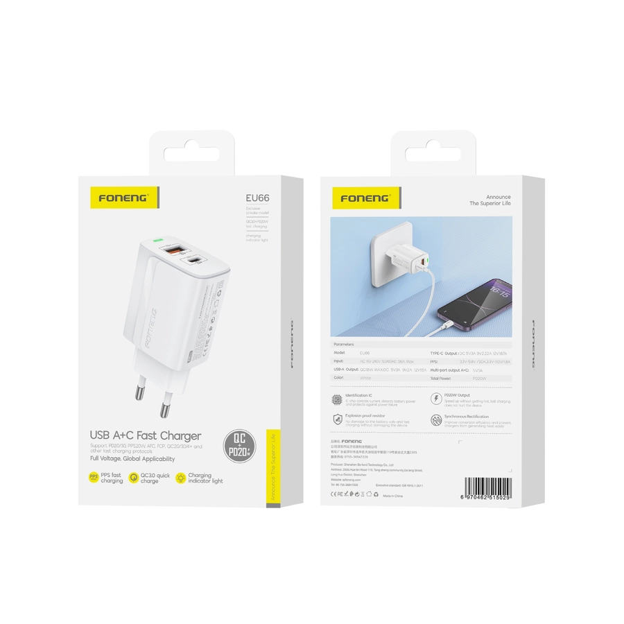 FONENG wall charger EU66 PD 20W 1xUSB-C + 1xUSB QC3.0 White(Chargers)