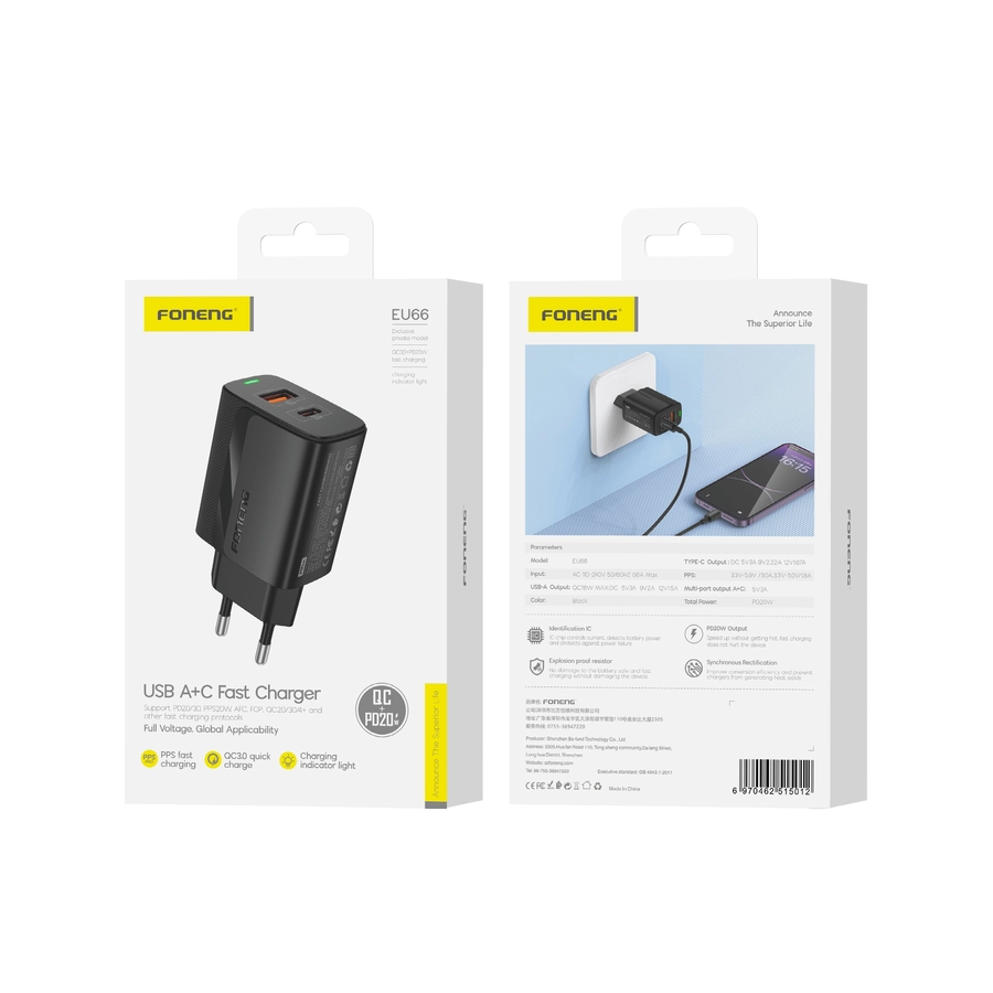 FONENG wall charger EU66 PD 20W 1xUSB-C + 1xUSB QC3.0 Black(Chargers)
