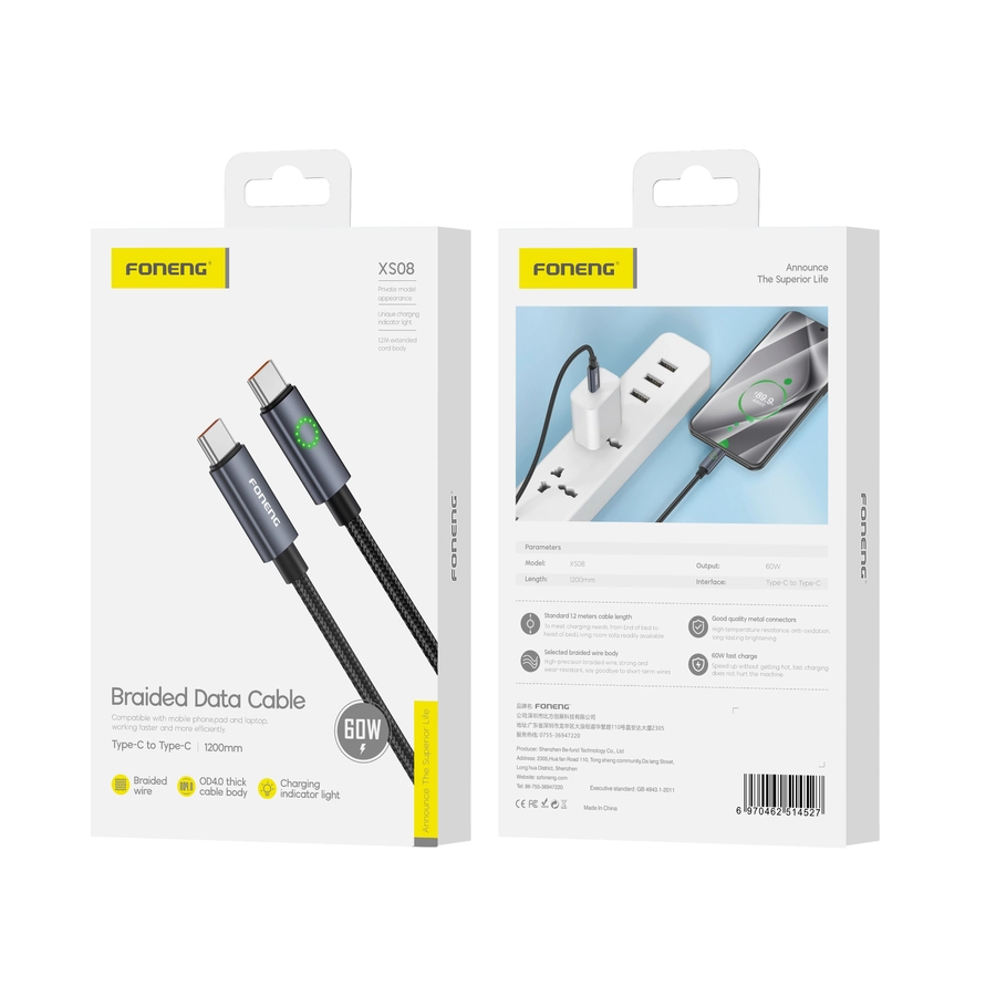 FONENG cable XS08 USB-C - USB-C PD 60W 1.2M Black(Cables)