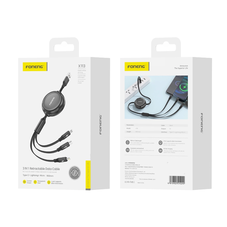 FONENG cable X113 3w1 3A 1.1M Black(Cables)
