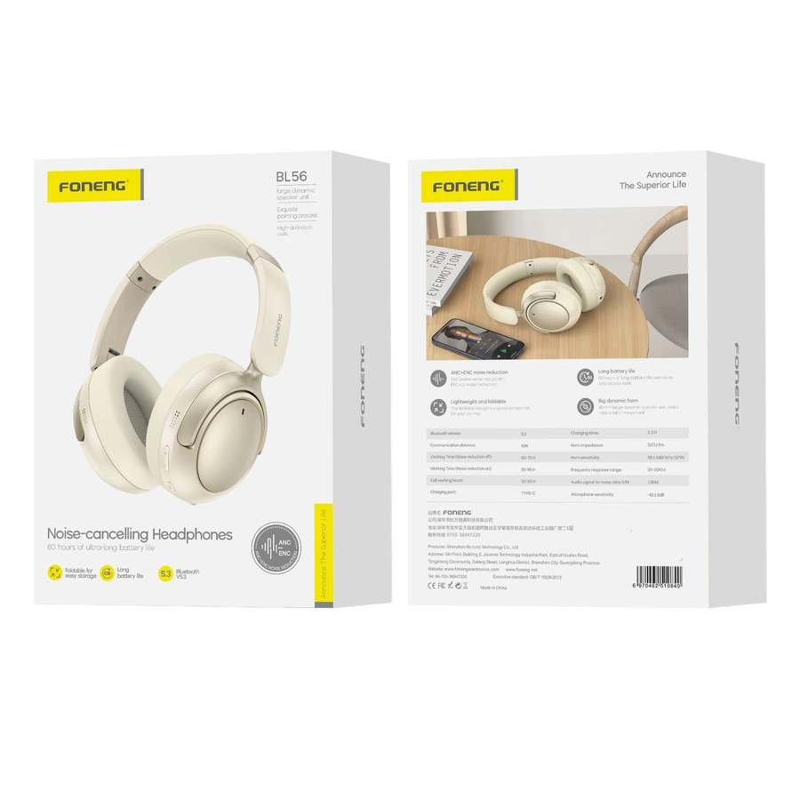 FONENG wireless headphones (ANC + ENC) BL56 Beige(Headphones)