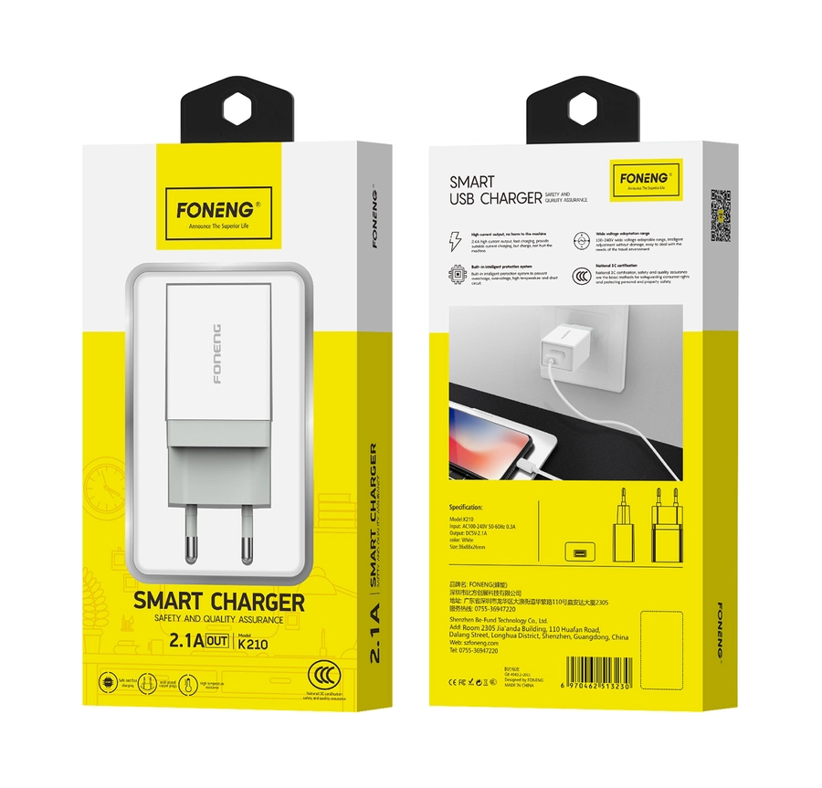 FONENG wall charger K210 2.1A 10W 1xUSB White(Chargers)
