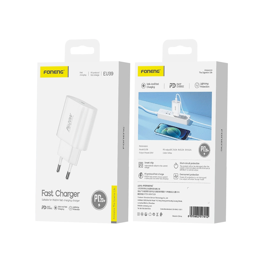 FONENG wall charger EU39 PD 20W 1xUSB-C White(Chargers)