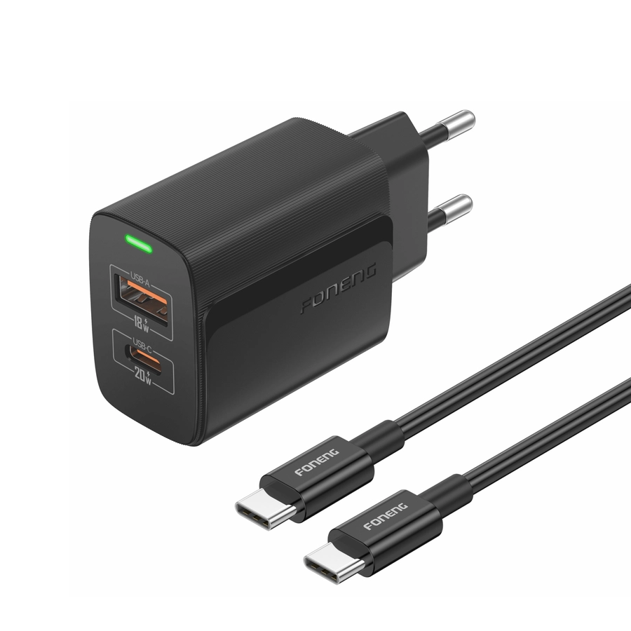 FONENG wall charger EU66 PD 20W 1xUSB-C + 1xUSB QC3.0 + cable USB-C - USB-C Black снимка 1
