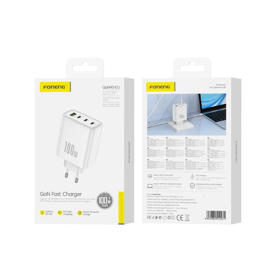 FONENG wall charger GaN40 GaN PD 100W 3xUSB-C + 1xUSB QC3.0 White(Chargers)
